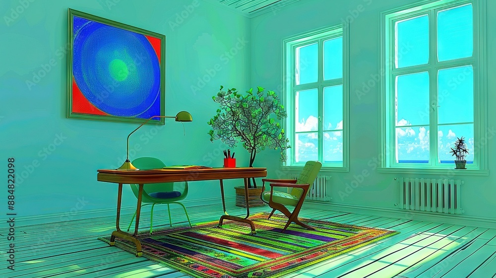 Poster  A cozy room featuring a table, chair, rug, and painting on the wall with a potted plant in the corner