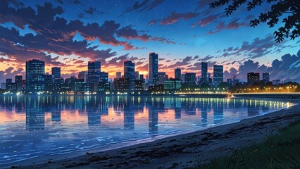 Naklejka premium City skyline at sunrise reflected on water with trees in foreground. Urban sunrise and reflection concept. Anime art style