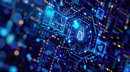 Obraz premium Digital artwork showcasing cyber security and digital data protection concept with an icon graphic interface demonstrating secure firewall technology defending online data access against hackers