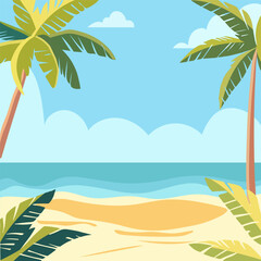Obraz premium Tropical beach frame background with leaf plant. Summer landscape. Sandy beach under the bright sun.