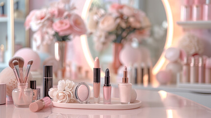 Decorative cosmetics on dressing table in makeup room 