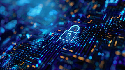 Digital network protection and cybersecurity emphasizing future technology web services for business and internet projects lock icon on a blue background with tech details 