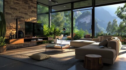 Fototapeta premium Family room with large windows, beautiful living room interior