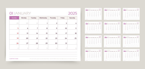 Calendar 2025 year. Calender template. Week starts Sunday. Monthly desk planner. Yearly stationery organizer. Schedule layout with 12 month. Horizontal diary grid in English. Vector illustration  