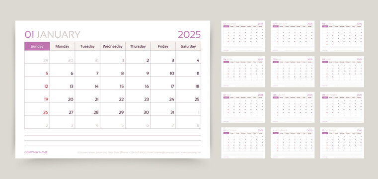 Calendar 2025 year. Calender template. Week starts Sunday. Monthly desk planner. Yearly stationery organizer. Schedule layout with 12 month. Horizontal diary grid in English. Vector illustration  