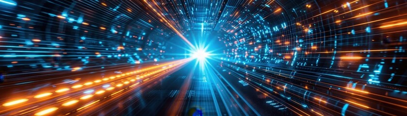 Fototapeta premium Futuristic Digital Tunnel with Bright Light and Speeding Data Streams in a High-Tech Environment