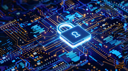 Obraz premium Digital security technology for business lock icon on a circuit board blue background with intricate tech and network elements internet protection theme 