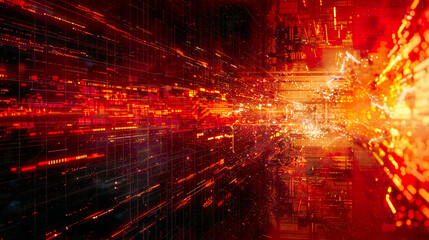 Obraz premium Exploding digital firewall symbolizing vulnerability to hack attacks mixed media hyper-realistic ultra-detailed vibrant red and orange lighting high-tech 