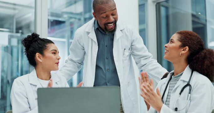 Doctors, clapping and people celebration with laptop, medical success and research development with IRB approval. Boardroom, employee goals and healthcare, applause and professional collaboration