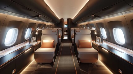 Fototapeta premium A sleek and modern airplane interior showcasing a row of comfortable seats with built-in headrests The aisle is wide and well-lit, providing easy access for passengers Overhead compartments are