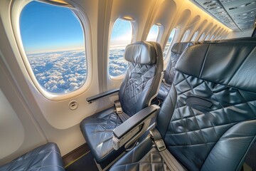 Fototapeta premium An airplane cabin interior with a focus on comfort and modern design The seats are arranged in a spacious layout, providing passengers with ample legroom and personal space Overhead compartments are