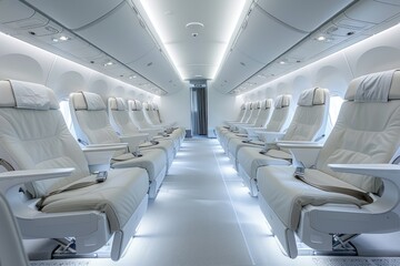 Fototapeta premium A modern airplane cabin with rows of comfortable seats designed for long-haul flights The interior features clean lines and a minimalist aesthetic, creating a serene and inviting atmosphere