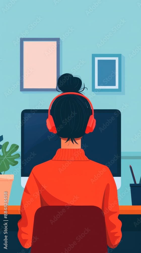 Poster enhance online production with a flat design illustration featuring a person in front view with copy