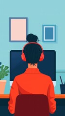 Enhance online production with a flat design illustration featuring a person in front view with copy space, covering all objects, and deep depth of field.