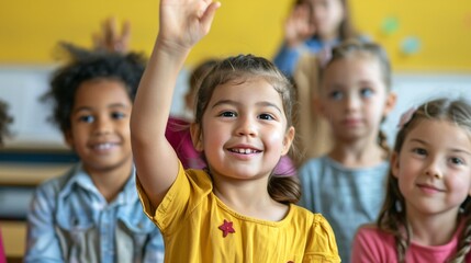 2. A little student girl raising her hand confidently to answer a question during a lively classroom discussion with classmates and a teacher in the background