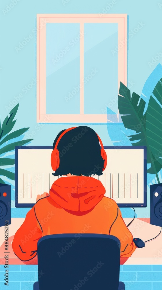 Poster front view of person at sound mixing desk in flat design, with copy space, deep depth of field, idea
