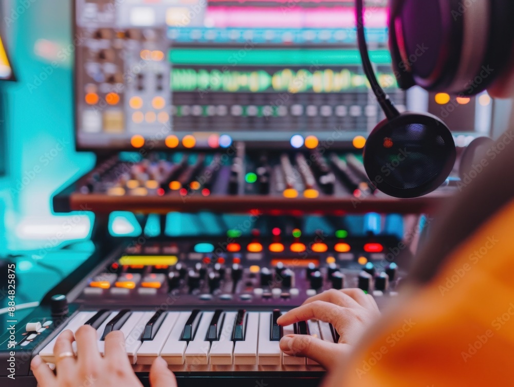 Poster professional person recording high-quality audio content in a home studio setup, emphasizing engagem