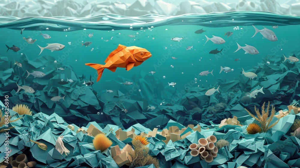 Poster A fish is swimming in a sea of paper