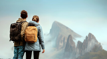A young couple stands closely together, each wearing a backpack, as they gaze at a misty and majestic mountain range during sunrise.