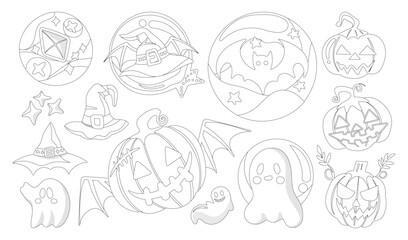 Set of isolated Halloween decoration elements for sticker, badge, tag or label in cute graphic illustration style on transparent background, Volume 1: Black outline style.