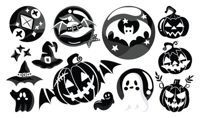 Set of isolated Halloween decoration elements for sticker, badge, tag or label in cute graphic illustration style on transparent background, Volume 1: Black silhouette style.