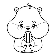 Cute cartoon hamster eats sunflower seed. Outline kawaii animal. Line drawing, coloring book. Vector illustration. Kids collection