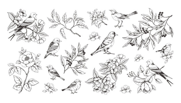 Vintage flowers and birds. Floral blossom in butterfly garden, victorian black old tree, spring apple cherry or pear. Engraving forest sparrow and bluebird. Vector design sketch illustration