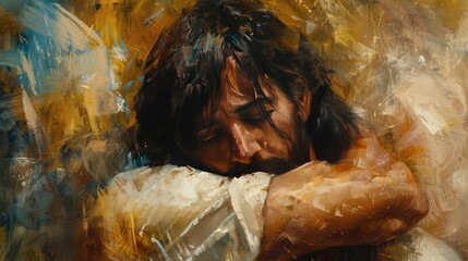 Blessing of Love: Christ's Comforting Arms: Find solace in divine love with an image of Christ's comforting embrace, a powerful depiction of spiritual peace and compassion.