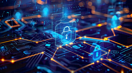 Obraz premium Information privacy and cyber security on a virtual screen data protection elements blue tech background with digital network internet and technology concept 