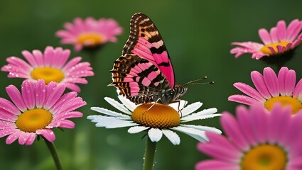 Obraz premium Vibrant Painted Lady Butterfly Perched on Daisy in Lush Meadow
