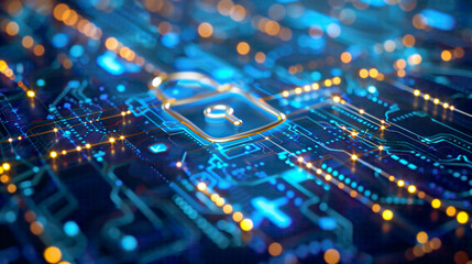 Information security and online data protection featuring a lock icon and network connections blue tech background highlighting cybersecurity measures and secure technology 