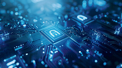 Integrated circuit with locks symbolizing cyber security blue background emphasizing data protection and firewall defense against hacker attacks modern tech design 