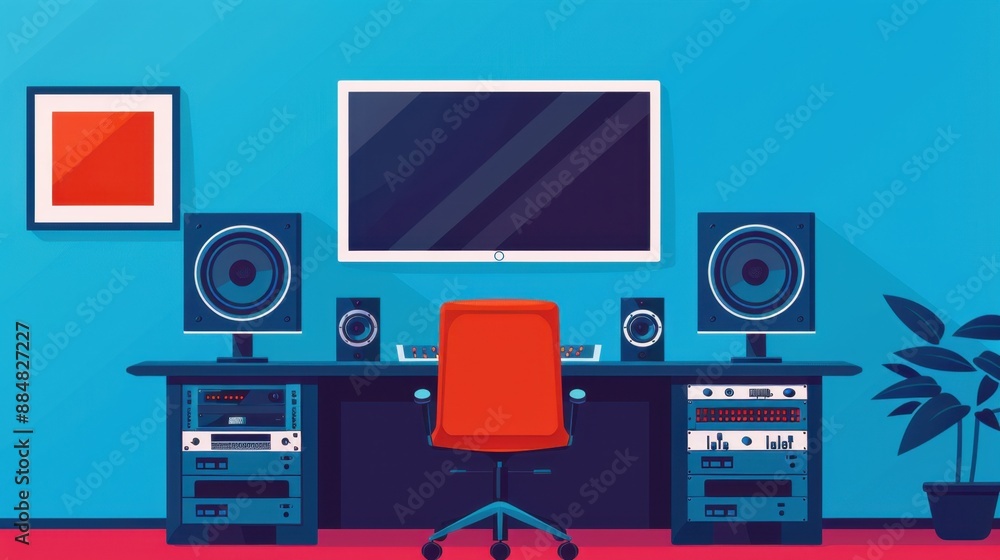 Poster flat design illustration of sound control room for streaming series with copy space, front view, dee