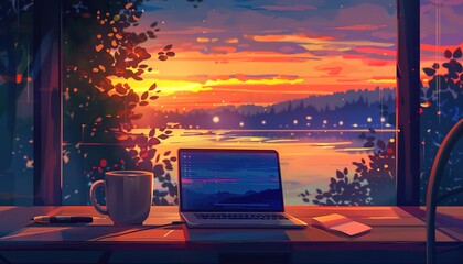 a laptop on a table at cafe with a lake view sunset Lofi anime style, cartoon anime style.