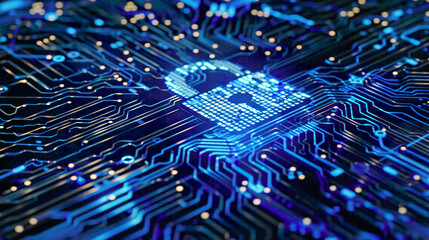 Lock symbol on a circuit board representing internet digital security for business blue tech background with detailed network connections modern design 