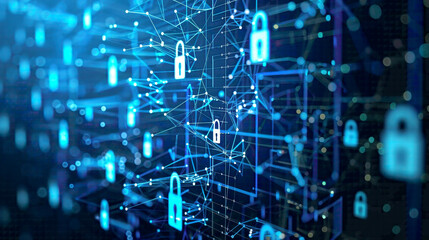 Fototapeta premium Modern digital security background showcasing technology security with lock symbols blue tech design emphasizing safety and protection detailed network connections 