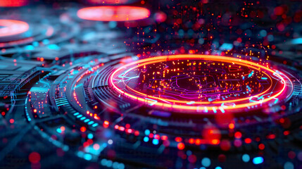 Network firewall represented by a glowing holographic barrier futuristic technology cyber security photorealistic ultra-detailed dramatic lighting super resolution 