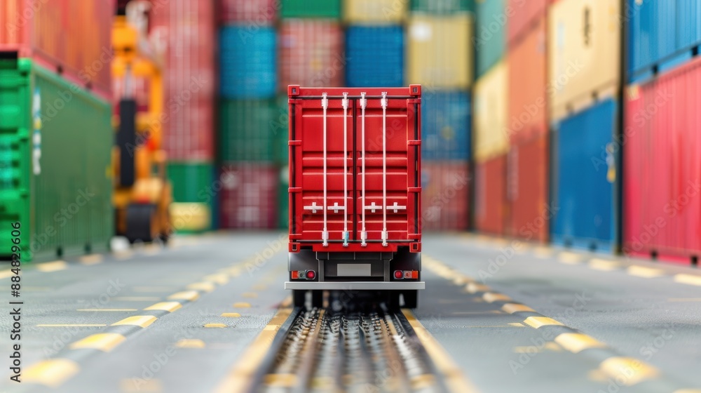 Poster close-up of container loading truck at port, detailed logistics process with copy space, covering al