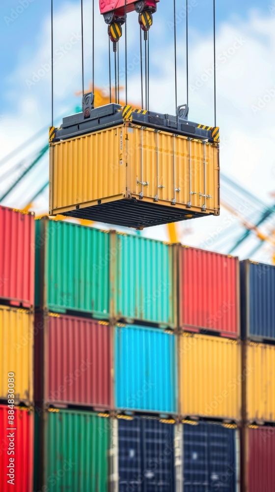 Poster loading container onto truck by crane, logistics focus, copy space, object coverage, deep depth of f