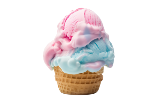 Delicious pink and blue cotton candy ice cream PNG with transparent background for digital designs and food illustrations