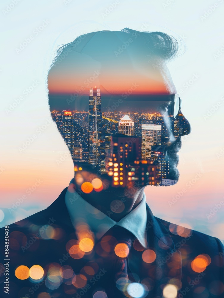 Poster double exposure of manager and digital map with drop points, travel theme, transportation logistics,