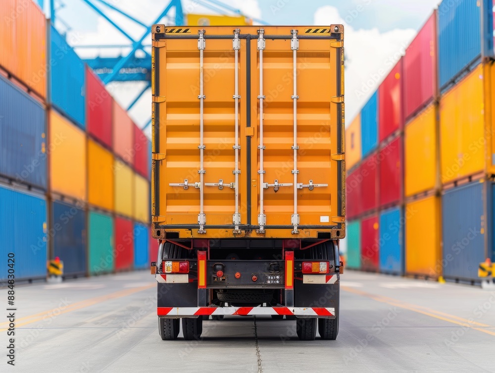 Poster large truck entering port for cargo loading, efficient logistics workflow, copy space available, foc