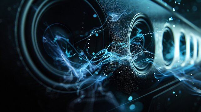 Sound speakers in neon lights on black background, closeup, car speakers