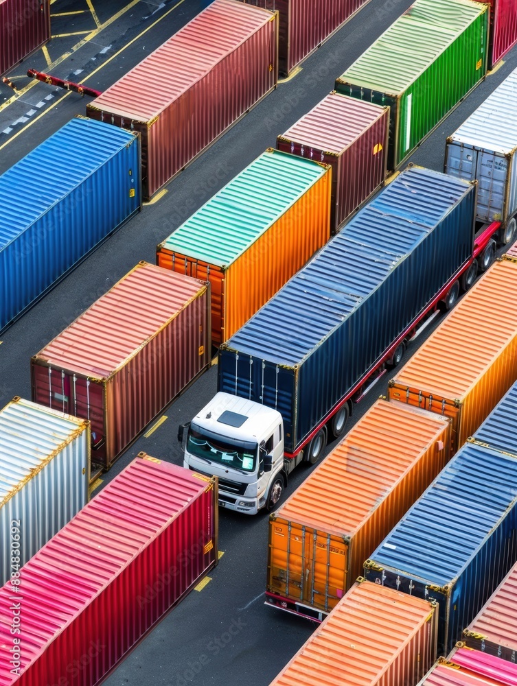 Poster busy port scene with large truck moving containers, showcasing efficient logistics, ample copy space