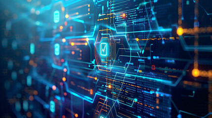 Obraz premium Visual depiction of cyber security and digital data protection highlighting an icon graphic interface illustrating secure firewall technology for online data access defense against hackers