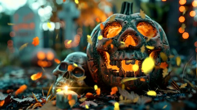 halloween decorations with pumpkin and skull Frame wood on the grave. Seamless looping time-lapse virtual 4k video animation background