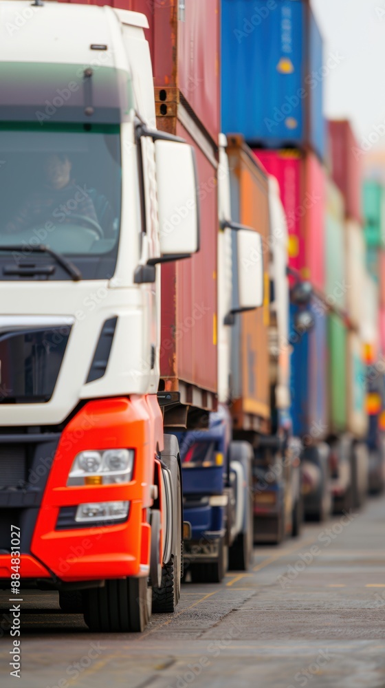 Poster multiple trucks lined up for loading at port, organized transport, copy space for text, focus on obj