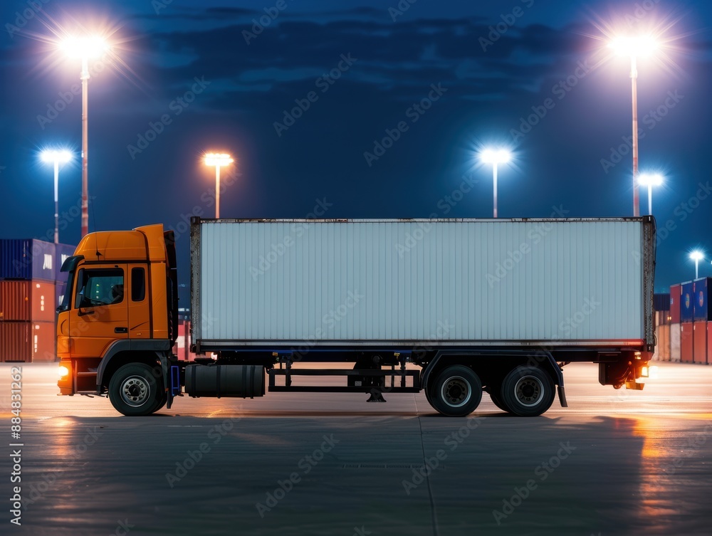 Poster nighttime truck loading at port, illuminated by industrial lights with copy space, covering all obje