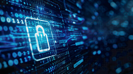 Naklejka premium Visual representation of cybersecurity concept emphasizing user privacy security and encryption for secure internet access. Future technology and cybernetics theme with a screen padlock icon.