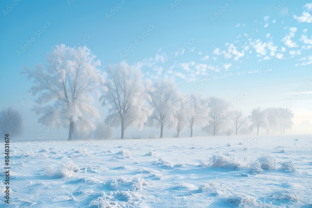 Poster Beautiful winter landscape with trees covered in snow and fog on blue sky background. Winter nature scene with beautiful white trees, meadow field and clear morning air in cold season. Snowy winter vi